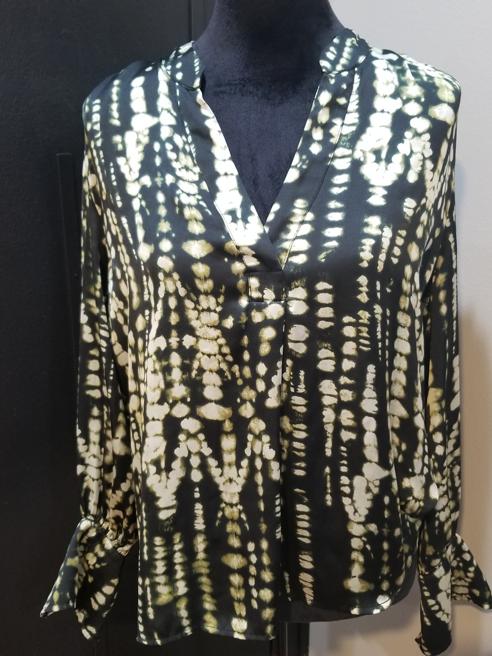 Tie-Dye Black, Cream and Green V-Neck Women's Blouse